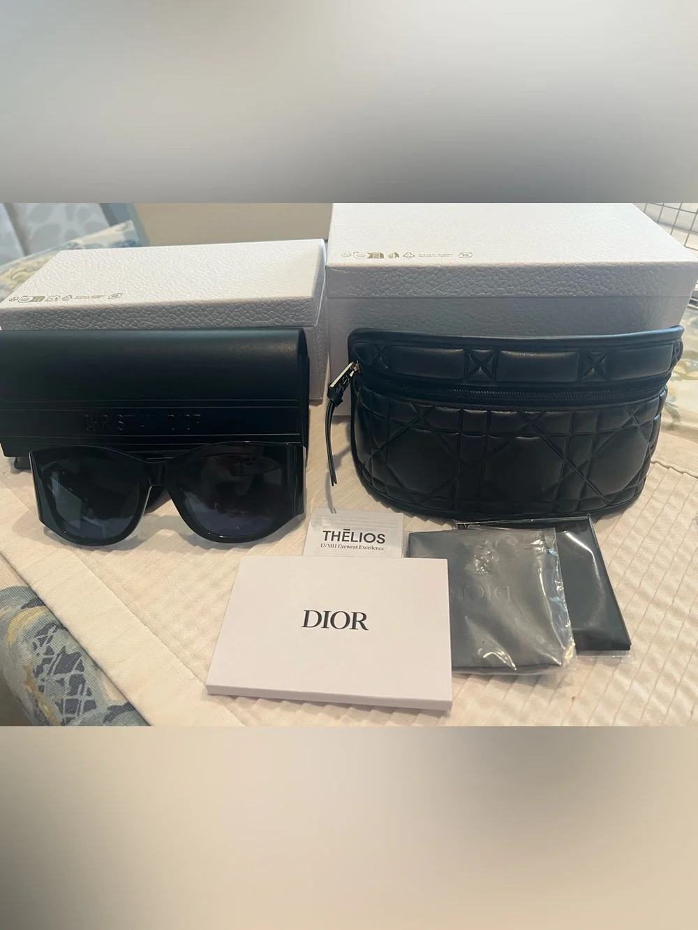 NWT Dior Black Quilted Leather Belt Bag and smaller case with Blue Sunglasses